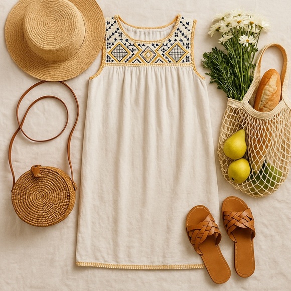 C&C California 100% Linen Embroidered Boho Shift Dress Cream S Beach Vacation - Picture 3 of 13
